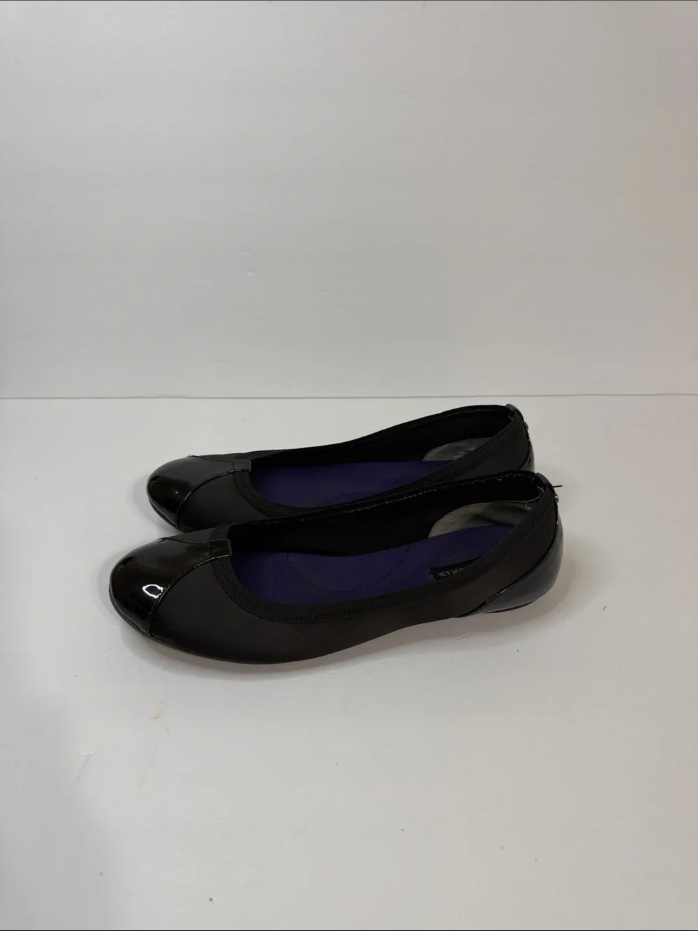 Dana Buchman Black Flats with Patent Toe and Purple Insole